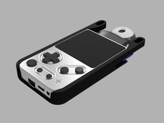 3D render from a side perspective angle of the Tad Boy Color in the shell I designed, there is a Game Boy Camera in the back.