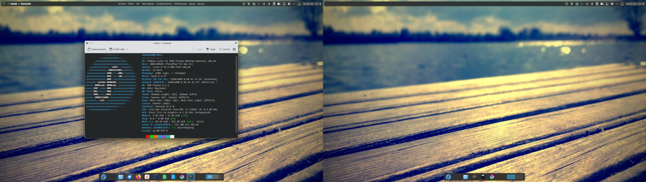 Captura de pantalla de un escritorio KDE Plasma. Hay un panel superior con el icono, título y nombre de la ventana activa alineados a la izquierda; menú de la aplicación alineado al centro y, con alienación a la derecha, la bandeja del sistema, un botón para mostrar el escritorio, la fecha y la hora.

El panel inferior está en modo dock, tiene el lanzador de aplicaciones alineado a la izquierda, la barra de tareas alineada al centro y el paginador de escritorios alineado a la derecha.

La imagen de fondo es una de las que vienen incluidas en KDE Plasma, se trata de una foto a un muelle de madera desde una perspectiva en la que las líneas de la madera hacen punto de fuga desde la esquina inferior izquierda hacia la superior derecha, la parte superior de la imagen muestra, desenfocados, un río con reflejos de sol y vegetación en la otra orilla.

Al centro de la pantalla izquierda, se ve una ventana de Konsole con la salida de fastfetch.