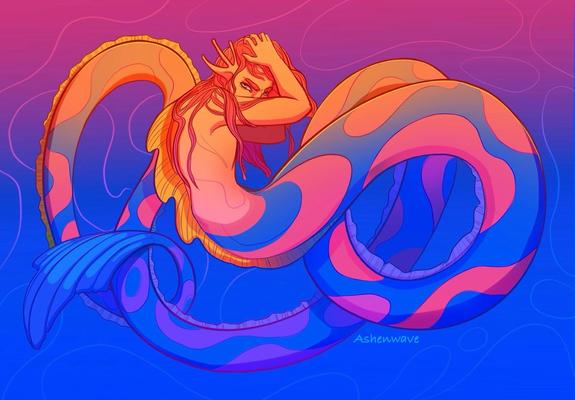 Digital illustration of a merman painted in a pink, blue and orange color palette. He’s clutching his head glaring at the viewer, his face half-hidden by his arms. His long fish tail is coiled loosely around him.
