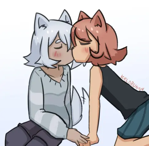 Art of Trick and Treat - wolf girls from "The Lonely Wolf Treat", kissing softly with their eyes closed.