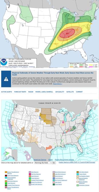 SUMMARY...
   A regional outbreak of severe thunderstorms is likely this afternoon into tonight across parts of the mid Mississippi, Ohio and Tennessee Valleys. This will include intense supercells associated with tornadoes, large hail and wind damage. Several strong tornadoes are expected, and a long-track high-end tornado will be possible. From the evening into the overnight, a bowing line segment is expected to form with potential for tornadoes and damaging winds, some possibly greater than 75 mph. #WeatherAwareDay #weather #wx #SPC  #SevereWeather 
Regional Outbreaks of Severe Weather Through Early Next Week; Early Season Heat Wave across the South
Active spring pattern across the center of our nation with several episodes of severe weather and heavy rainfall expected into next week. The potential for very large hail, long track tornadoes, severe wind gusts, frequent cloud to ground lightning strikes and flash flooding are in the outlook. Furthermore, dangerous early season heat wave continues for the Gulf Coast states into early next week.