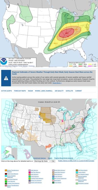 SUMMARY...
   A regional outbreak of severe thunderstorms is likely this afternoon into tonight across parts of the mid Mississippi, Ohio and Tennessee Valleys. This will include intense supercells associated with tornadoes, large hail and wind damage. Several strong tornadoes are expected, and a long-track high-end tornado will be possible. From the evening into the overnight, a bowing line segment is expected to form with potential for tornadoes and damaging winds, some possibly greater than 75 mph. #WeatherAwareDay #weather #wx #SPC #TheOutPost #SevereWeather  

Regional Outbreaks of Severe Weather Through Early Next Week; Early Season Heat Wave across the South
Active spring pattern across the center of our nation with several episodes of severe weather and heavy rainfall expected into next week. The potential for very large hail, long track tornadoes, severe wind gusts, frequent cloud to ground lightning strikes and flash flooding are in the outlook. Furthermore, dangerous early season heat wave continues for the Gulf Coast states into early next week.