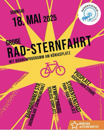 Plakat: SONNTAG 18. MAI 2025 GROẞE RAD-STERNFAHRT MIT BÜHNENPROGRAMM AM KÖNIGSPLATZ