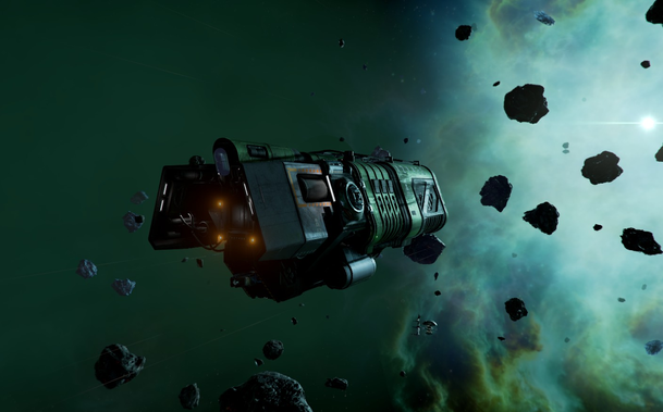 X4 Screenshot: Ein Bergbauraumschiff auf dem das Symbol einer Windmühle gemalt ist durchquert ein Asteroidenfeld. Im Hintergrund ein grüner Sternennebel.