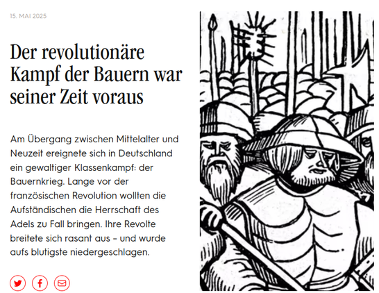 La lotta rivoluzionaria dei contadini era in anticipo sui tempi

Nel passaggio tra il Medioevo e l'età moderna, in Germania si svolse una grande lotta di classe: la Guerra dei contadini. Molto prima della Rivoluzione francese, i ribelli volevano abbattere il dominio della nobiltà. La loro rivolta si diffuse rapidamente e fu repressa nel modo più sanguinoso.