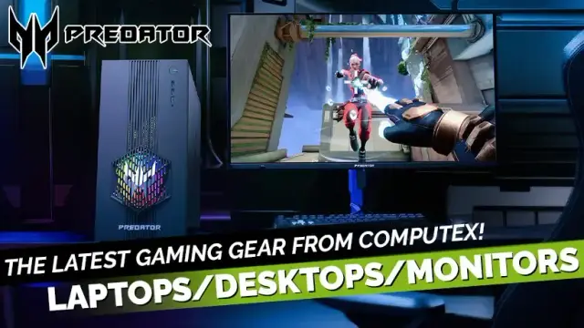 IMmage showing the Acer Predator Orion 3000 gaming desktop with a Predator gaming monitor from Acer. The Predator logo is in the upper left while the text "The Latest Gaming Gear from Computex! Laptops/Deskltops/Monitors" is overlayed slightly angled across the bottom of the image.