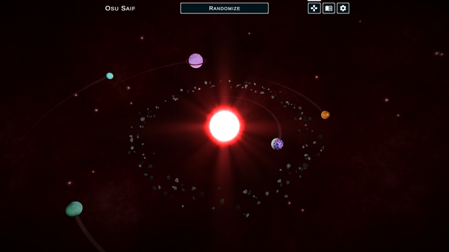 A procedurally generated star system. The star is read and orbited by several planets and an asteroid belt.