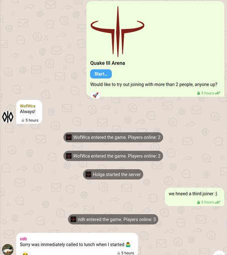 A screenshot of a Delta Chat group chat where a quake3 webxdc app is posted, showing the Quake logo, and there is a "start button".  Wofwca (the author of the quake webxdc app) immediately is ready and joins the game.  A short while later there are three people from the chat playing.