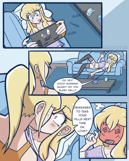 Comic page continuing before, showing Bridget from Guilty Gear also depicted as a modern trans woman. She lies back on a couch, playing some game on a Nintendo Switch held above her head. She greets samus as she walks in, saying "Oh, hey! Good morning Sammy! Did you sleep well?" Instead of answering, Samus walks directly over and plants a big kiss right on Bridget's lips. After a moment, she pulls back to reveal Bridget stunned and blushing deeply, with two Estradiol pills sitting on her tounge. "Remember to take your pills next time, love?", Samus teases.
