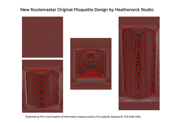 The image features three textile pattern designs attributed to Heatherwick Studio, titled "New Routemaster Original Moquette Design." The patterns are closely related in colour and style, primarily using red and black tones. The left pattern is a square design with thin, horizontal red stripes across a black background. Below it, a rectangular design features a series of concentric rounded lines, creating an illusion of movement. The central pattern, arranged in a vertical rectangle, contains a composition of concentric curves with a central oval, generating an optical effect of depth. The right pattern, the tallest, mirrors the same curving effects but is vertically oriented, with red forms creating an intricate, repeating design that resembles a topographical map. Each design has a similar aesthetic of wavy contours and stripes.