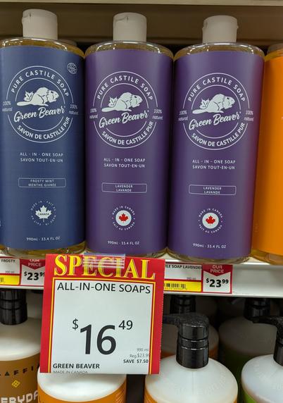 Photo of a row of Green Beaver Castile soap on a grocery shelf on sale for 16.49