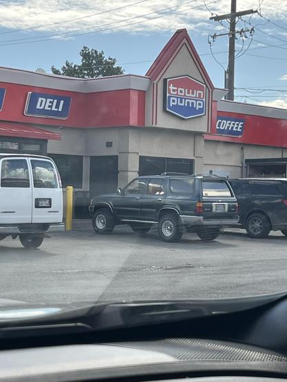 The side of a gas station with sign saying “town pump”