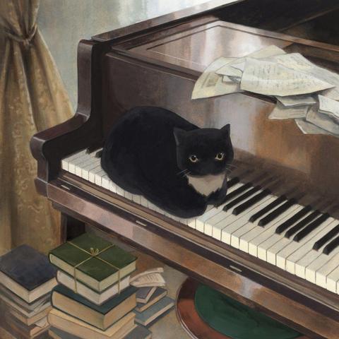 a painting of a black cat sitting on a piano; brown and beige hues