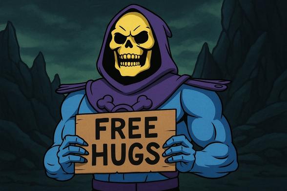 A blue-skinned skeletal figure, Skeletor from the cartoon He-Man, in a purple hooded cloak holds a sign that reads "FREE HUGS" in large letters. The background features dark, rocky terrain.