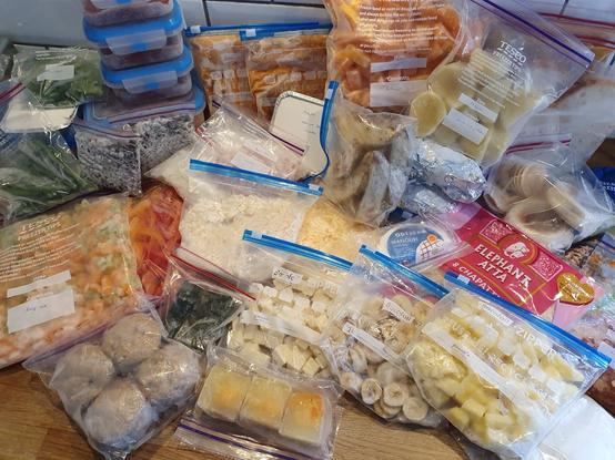 A variety of food items are organized in bags and containers on a wooden surface. The image includes frozen vegetables, fruits, soup mixes, and meal prep items, all labeled for easy identification. Some bags are clear while others are blue, showcasing the contents