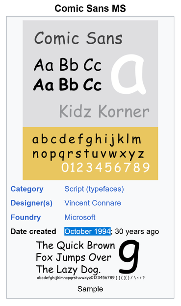 Screenshot of the Wikipedia page on Comic Sans with a font specimen. Highlighted is "October 1994" under "Date created"