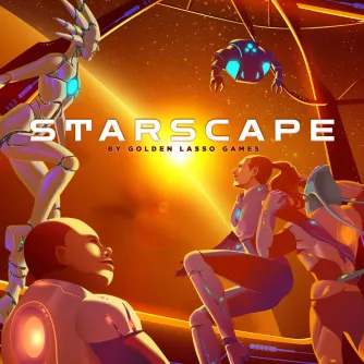 An ad card for the Starscape AP from the Happy Jacks RPG Network. It features four spacefarers gazing from their ship at a sun rising over the horizon of a distant planet.