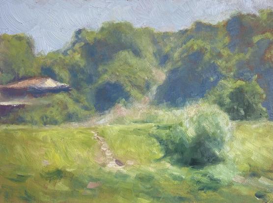 Pleinair Oilpainting depicting bushes and trees and grass. The atmospheric perspective is accentuated by turning the shadows of the trees further back to a saturated blue. Together with the warm tones of the underpainting shining through, the effect is a vibrant color scape.

Oil on panel, 18x24 cm painted in 2 hours