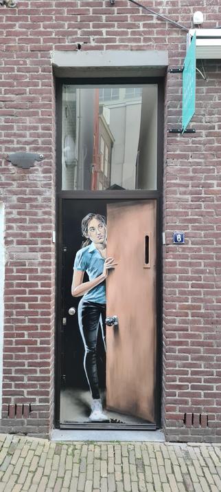 A photo of the closed, brown, wooden framed door of number 6, according to the small, square, blue on white enamel plate to right of the door, under a concrete lintel in a red brick building on a yellow teinted brick sidewalk.

The upper third of the door, in it's own frame, has a silver reflective surface,  reflecting the building on the opposite side in a somewhat distorted and out of focus way.

In the lower two thirds of the door a young woman in a light blue, short sleeved tshirt, black jeans and white socks with pink hearts, her dark brown hair in a ponytail, her head tilted to the viwers left, is curiously looking to right from behind a half opened, light brown door. 

A silver doorknob and keyhole to the left of her hip gives away the door's actually closed and she's not real but a painting.
