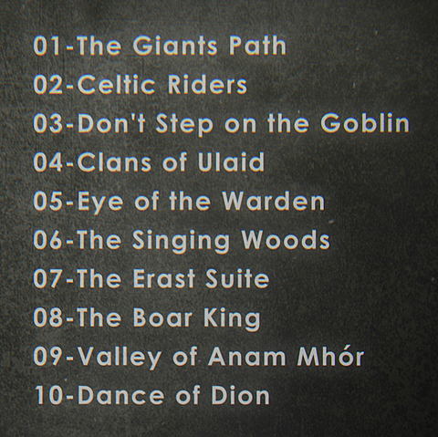 The screenshot shows the following tracklist, with white text on a green background:
01-The Giants Path
02-Celtic Riders
03-Don't Step on the Goblin
04-Clans of Ulaid
05-Eye of the Warden
06-The Singing Woods
07-The Erast Suite
08-The Boar King
09-Valley of Anam Mhór
10-Dance of Dion