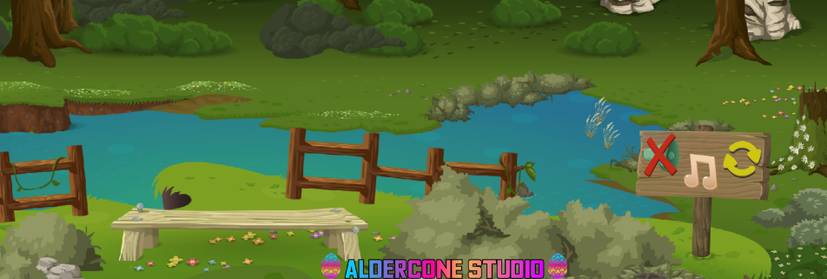 Screenshot showing the mockup of the settings! The game is a forest scene, with a ledge overlooking a lake and woods. On the ledge is a sign with sound effects on/off, music on/off, and restart buttons! It integrates very cozily into the woodsy graphics, which are all mostly from the open-source Glitch game graphics!