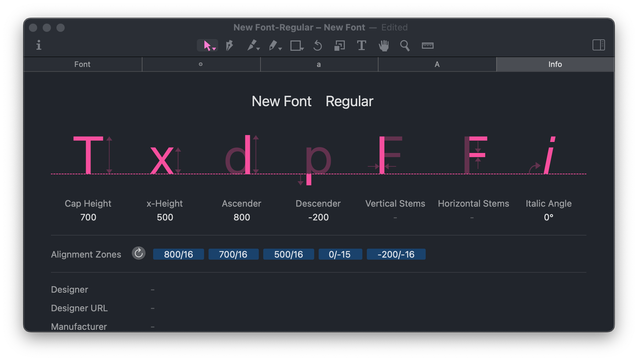 A screenshot of Glyphs Mini 2 with hot pink accent colour.