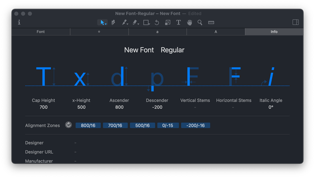 A screenshot of Glyphs Mini 2 with blue accent colour.