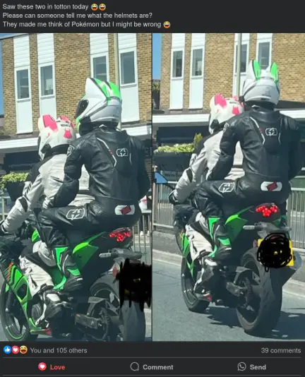 Saw these two in totton today 😂😂
Please can someone tell me what the helmets are? 
They made me think of Pokémon but I might be wrong 😂