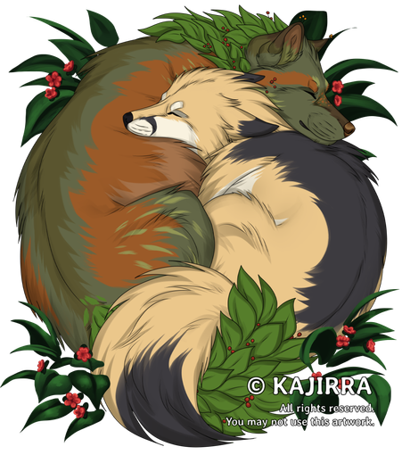 Two feral canids curled up with each other. On one side is a holly–maned wolf hybrid with green leaves and red berries sprouting from his green and rusty orange fur. On the other, his head resting on the wolf, is a smaller swift fox with his eyes closed and ears back.