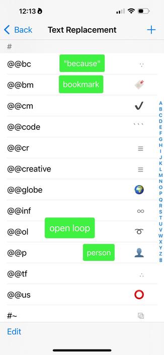 symbols, emoji, other misc unicode pastes for ,🔖Bookmarks and ➰Open Loops among others in Settings > Keyboard > Text Replacement