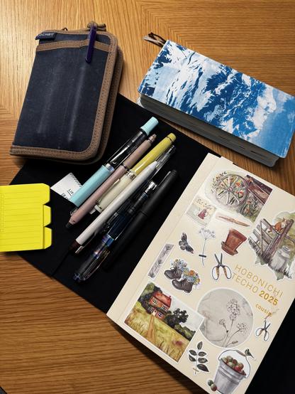 A pocket journal, hobonichi weeks, hobonichi cousin, and a bunch of fountain pens