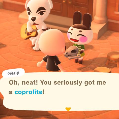 Animal Crossing: New Horizon screenshot set in town square with KK Slider playing. A bald, human is handing a fossil to Genji (white rabbit with brownish ears). Genji is smiling broadly with his eyes closed saying, "Oh, neat! You seriously got me a coprolite!"