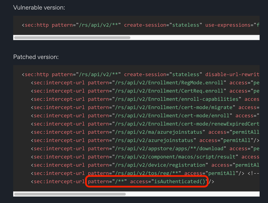 Vulnerable security.xml vs. patched from watchTowr blog post