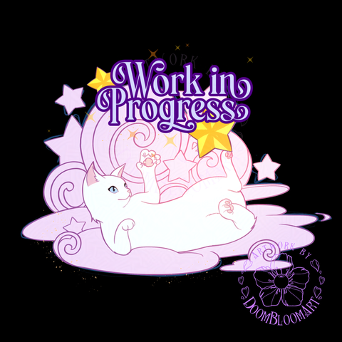Digital art in progress: cat on cloud, playing with a little star.