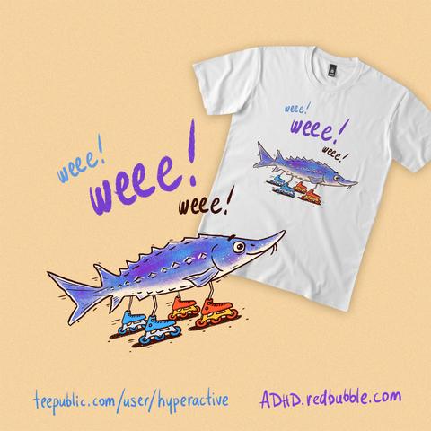 Funny illustration of a Baltic sturgeon fish happily rollerblading, available as tees, stickers, etc
