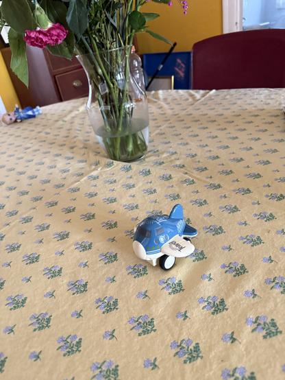 A toy airplane, on a table. A vase of flowers and a child’s doll are in the background.