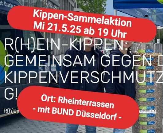 Werbebild für die Kippen-Sammelaktion am 21.5.25 ab 19 Uhr, Ort: Rheinterrassen. Im Hintergrund ein Screenshot der RhineCleanUp-Website, der zwei Personen mit gesammelten Zigarettenkippen zeigt. Darüber steht: "R(h)ein-Kippen: Gemeinsam gegen die Kippenverschmutzung!"
