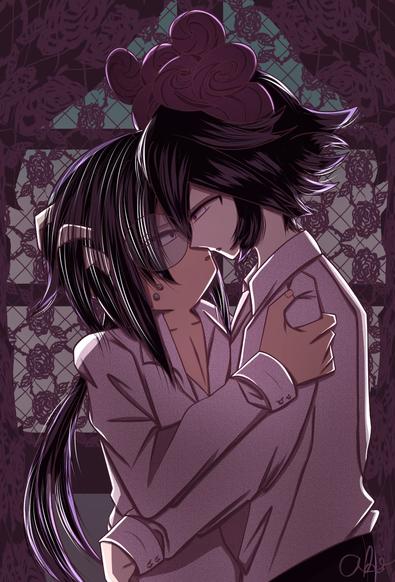 Satanick and Victor holding each other as their lips barely touch each other. Stood in front of a window with lacey rose texture. Purple atmosphere.