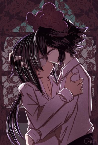 Satanick and Victor holding each other as their lips barely touch each other. Stood in front of a window with lacey rose texture. Purple atmosphere. Slight gradient of blue.