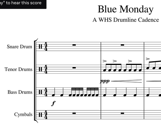 Portion of drumline sheet music for Blue Monday [a song written by New Order]

The bass drum intro goes 
quarter note
quarter note
drum roll of eight 16th notes