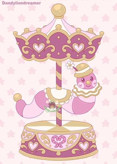 a digital drawing of a clown worm carousel!

the top carosel is colored with a pink and white striped circus top, with gold accents and hearts, the pole is colored gold and dark pink, the bottom carousel is also colored with pink and yellow and gold accents, there is a worm heart in the middle

the worm is pink and dark pink with a gold clown bowler hat and a white flower coming out of it, white neck frill with gold rim, their tail has a single gold pom pom on it they have a gold clown nose and wear pink clown make up