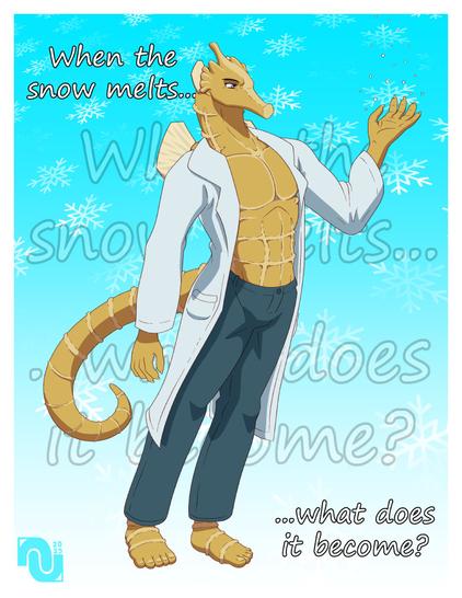 An anthro seahorse wearing pants and a labcoat, hand reached out to feel the falling snow. The text in the background reads "When the snow melts, what does it become?"