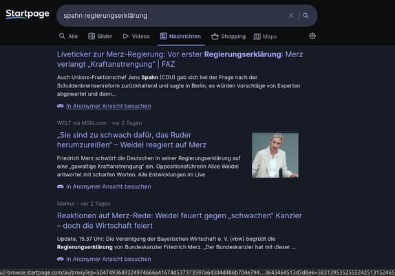 Suchergebnisse von Startpage auf "Regierungserklärung Spahn"
Versch. Zeitungen, einige Meldungen über Weidel.