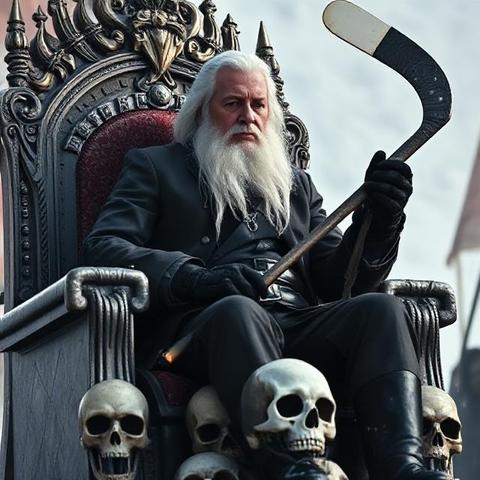 Donald Sutherland as President Snow in The Hunger Games on a throne of skulls after vanquishing his enemies with a hockey stick.