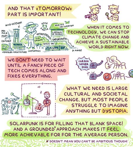 Page 3. "And that tomorrow part is important! When it comes to technology, we can stop climate change and achieve a sustainable world right now." A whole section next to this text is filled with various sustainable technologies: perma- and polyculture, wind turbines, vernacular architecture, reforestation, libraries of everything, trains, trams, bikes, solar panels, habitat restoration, degrowth etc.
"We don't need to wait until a fancy piece of tech comes along and fixes everything." There's a rendition of that meme where people are huddling together to discuss something. A contraption called "carbon sucker 9000 appears". The group gives it a thumbs up and continues discussing their own stuff like minimizing plane travel.

"What we need is large cultural and societal change. But most people struggle to imagine anything but dystopia."
In a frame nearby, a rich guy gleefully puts his foot on a pair of scales, favoring a bag of money over the planet. However, just out of frame is a group of people with tools, ready to take the planet back.

"Solarpunk is for filling that blank space! And a grounded, though not unambitious, approach makes it feel more achievable to the average person."