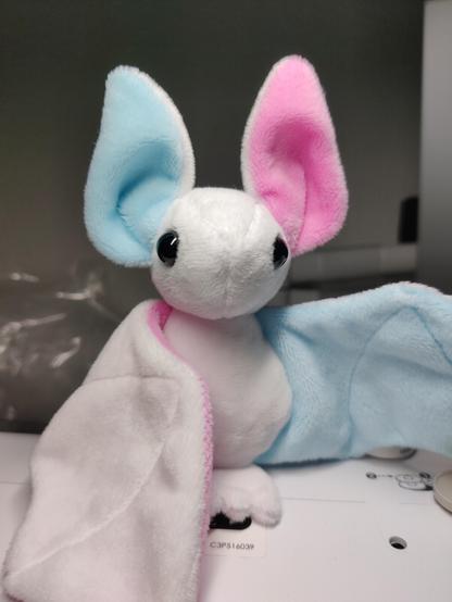 A small white plush bat with insides of its ears and wings in light blue and pink.