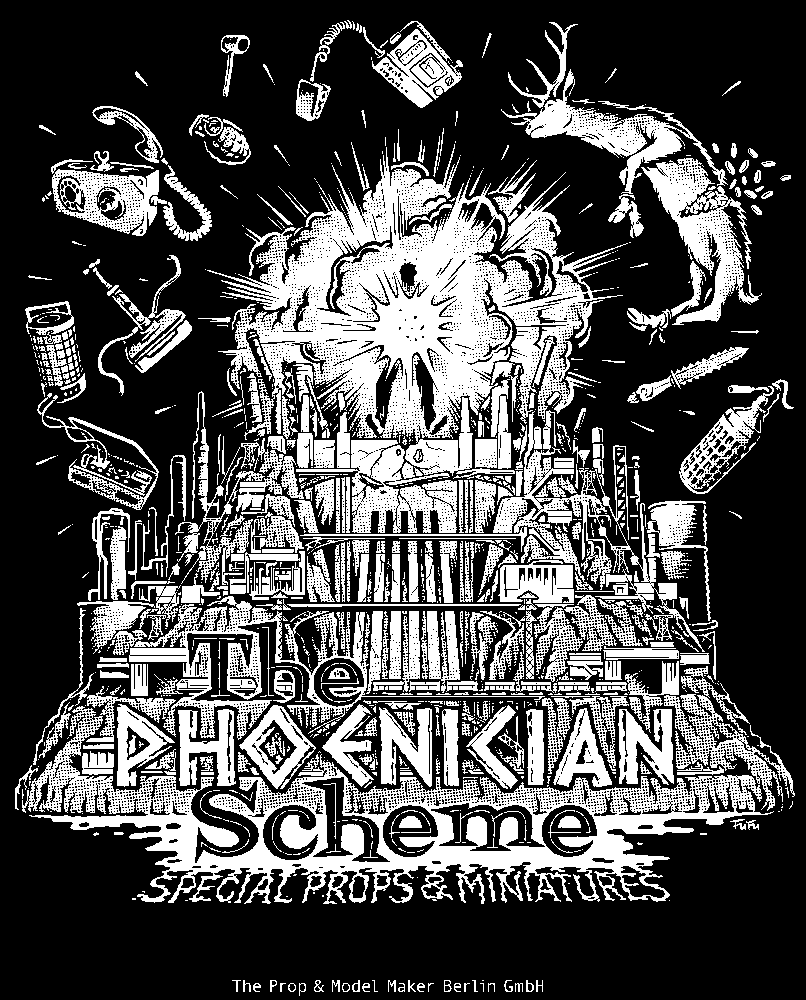 motivansicht "The Phoenician Scheme" des Berliner comiczeichners Fufu Frauenwahl, weiß auf schwarzem hintergrund