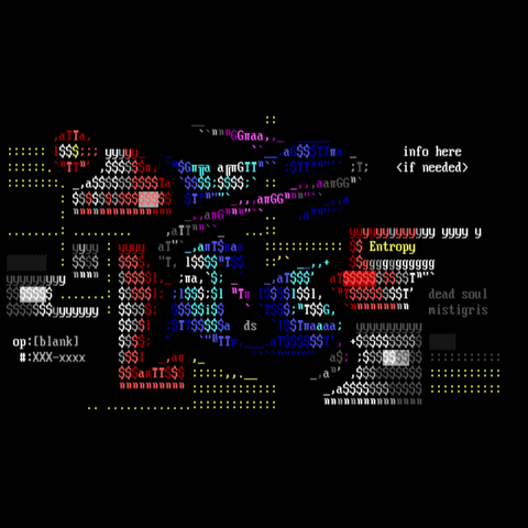 The back layer is pure black.  Against that is a layer of yellow semicolons zig zagging from top left to bottom right.  Then there is a layer of rectangles following a subset of the same trajectory, shaded white-on-red, acting to frame what is laid on top of them, a fluid letter "E", at once upper and lower case, drawn in blues and purples.