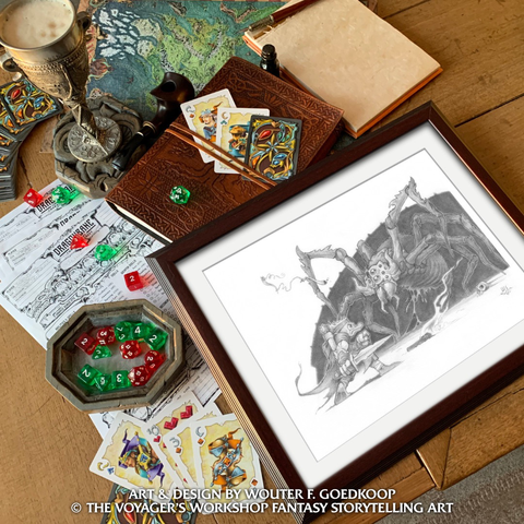 A photo of a framed pencil illustration of a Mallard Ranger facing a giant spider. We can also see a custom wood carved dice box, custom character sheets for Dragonbane, fantasy themed playing cards and a colourful fantasy world map!