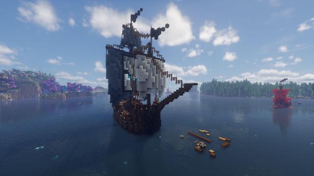 An in-game screenshot of a pirate ship sailing across the ocean with another ship off to the side